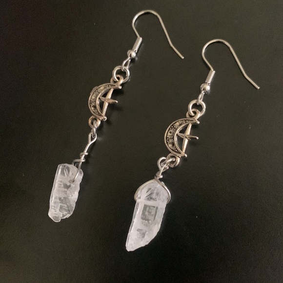 Witchy Boho Moon Earrings Hippie Crystal Look Cross Shepherds Hook Witch Fairy - Picture 5 of 6